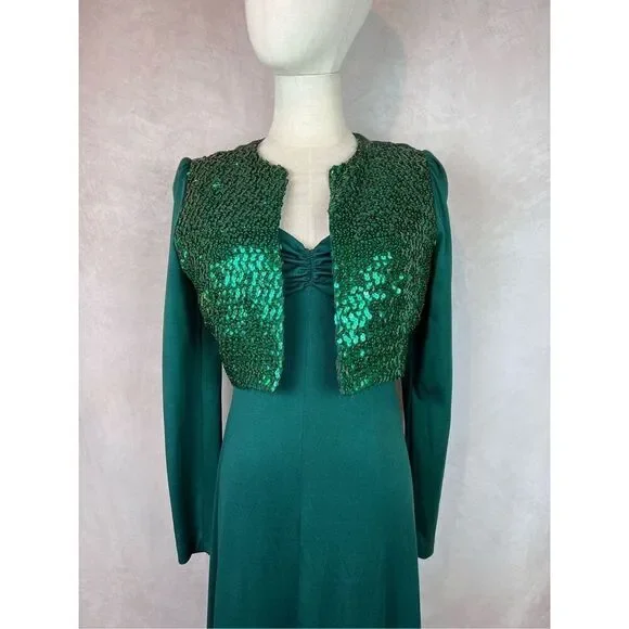 Vintage 1960s 1970s Sax Fifth Evening Gown Dress Emerald Green - Picture 4 of 14